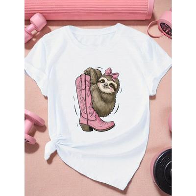 T-shirt Sportiva a Maniche Corte da Donna Taglia Forte Bradipo Europeo con Nastro Rosa