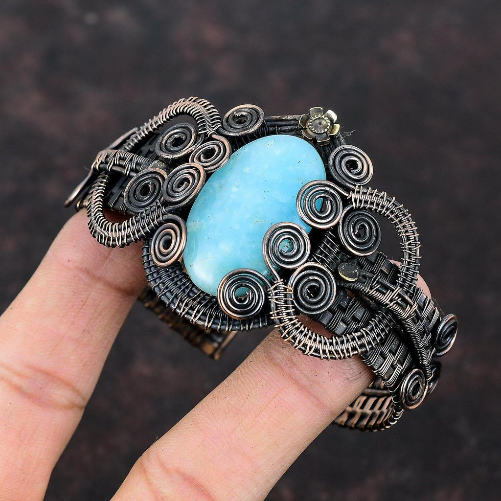 Hemimorphite Copper Cuff Bracelet Wire Wrapped Gemstone Bangle Adjustable Cuff Bracelet Copper Wire Wrapped Jewelry Handmade Bangle For Gift