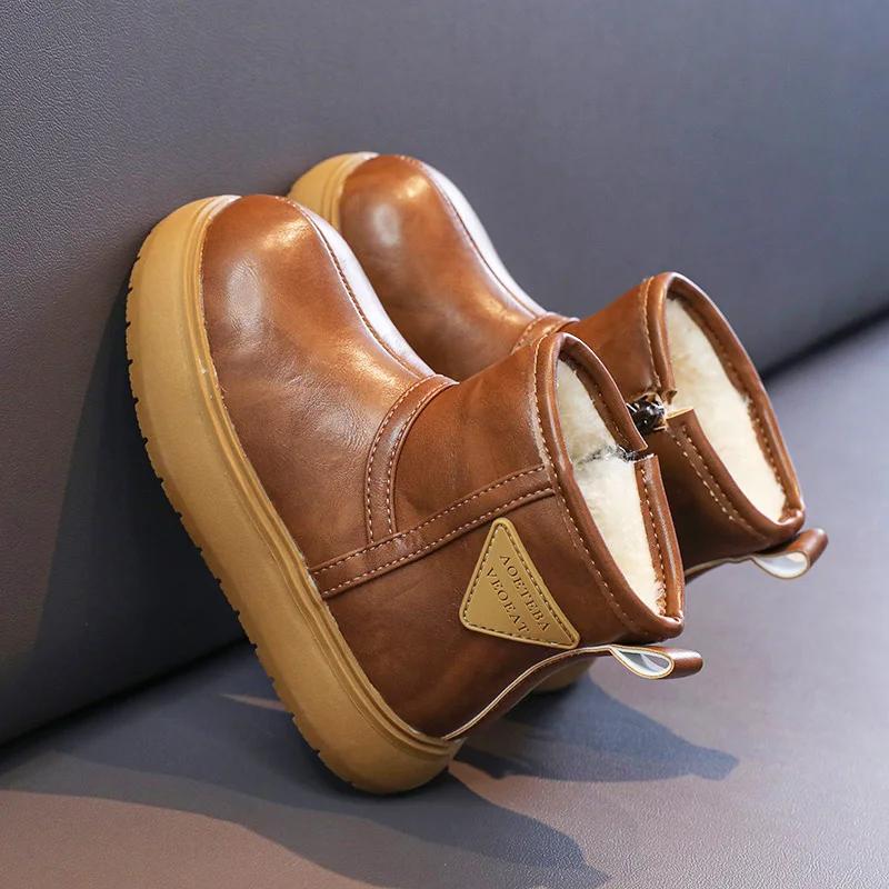 Kids Leather Snow Boots Girls' Fur Shoes Boy Child Ankle Zip Boot Winter Warm Children Big Toes Booties for 26-36