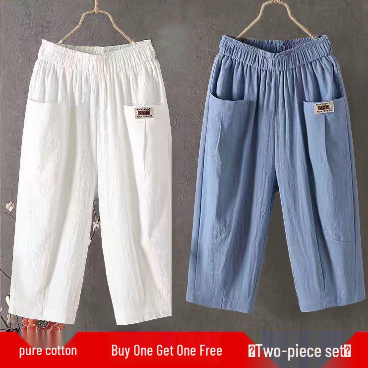 Women's Plus Size Cotton Linen Capri Pants - Elastic Waist, Loose Fit, Small Leg, Versatile Casual Summer Harem Style