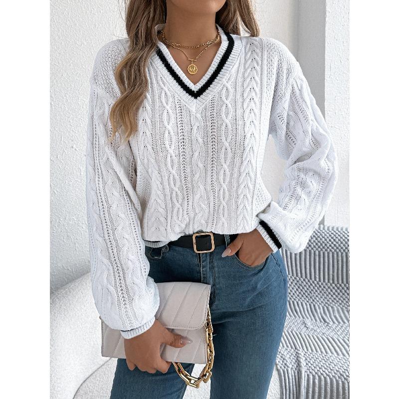 Women's V Neck Cable Knit Sweater Color Block Long Sleeve Loose Casual Knitted Pullover Jumper