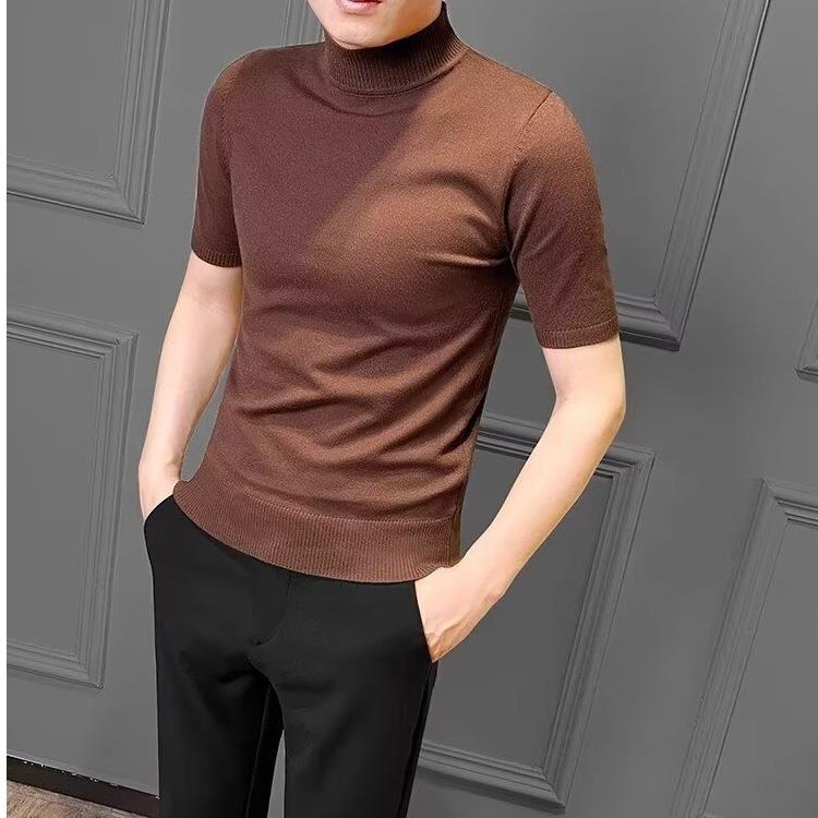 Men's Cross-Stitch Short Sleeve Knitted Sweater T-Shirt, Half-High Collar, Autumn/Winter Base Layer Top