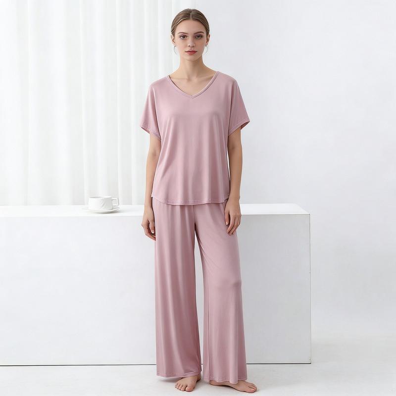 Summer Modal Homewear 2 Piece V-Neck Short Sleeve Tshirt and Wide Leg Pant Ankle Length Loose Sleepwear Set Comfort Pajama Sets