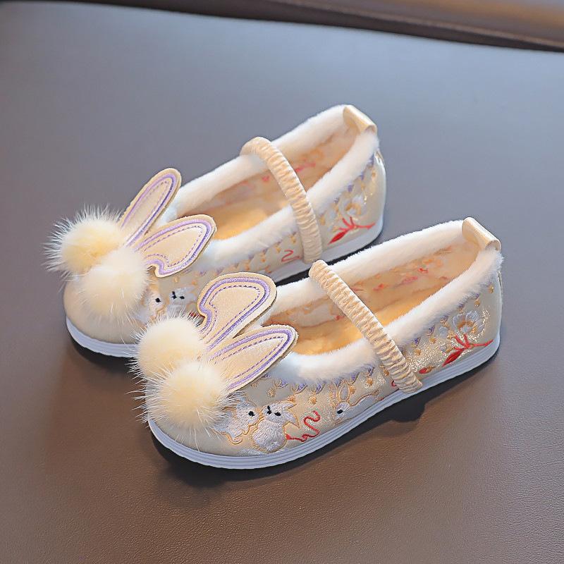 Girls Casual Shoes Kids Embroidered Rabbit Cloth Shoes Chinese Style Traditional Holiday Performance Warm Cotton Shoes Winter