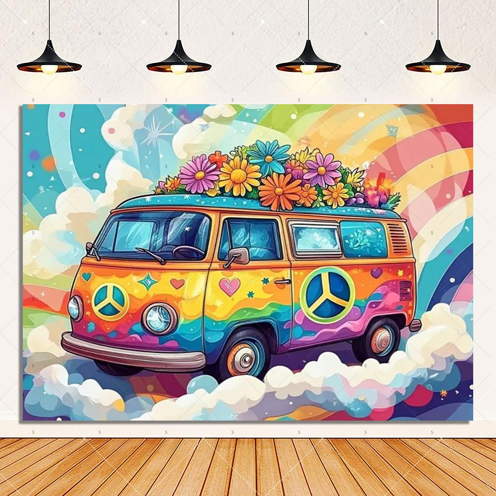 Colorful Hippie Bus Background Banner Bohemian Style Theme Backdrop Supplies Love And Peace Party Decorations Photography Props