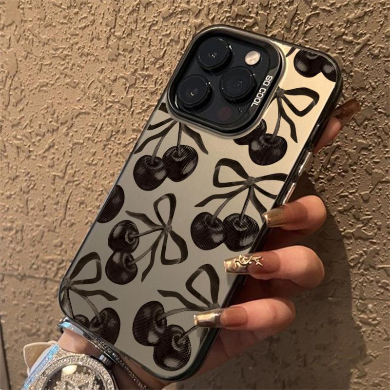Black Cherry Bow Electroplate Silver IMD Phone Case For  Mi 14 13 12 13T 14T Pro 11 Lite NE Poco F6 X5 X6 M6 Pro 4G Cover