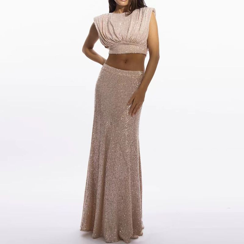 

Western Style Sequins Short sleeve Top Slim fit Sheath Skirt sets Sequin Top and Skirt Set Apricot color S