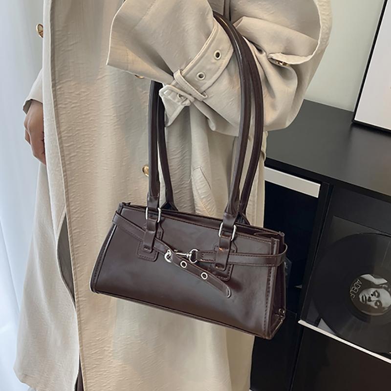 PU Leather Retro Shoulder Bag Large Capacity Boston Pillow Handbag with Metal Belt Buckle Leisure Armpit Bag Commute Handbag