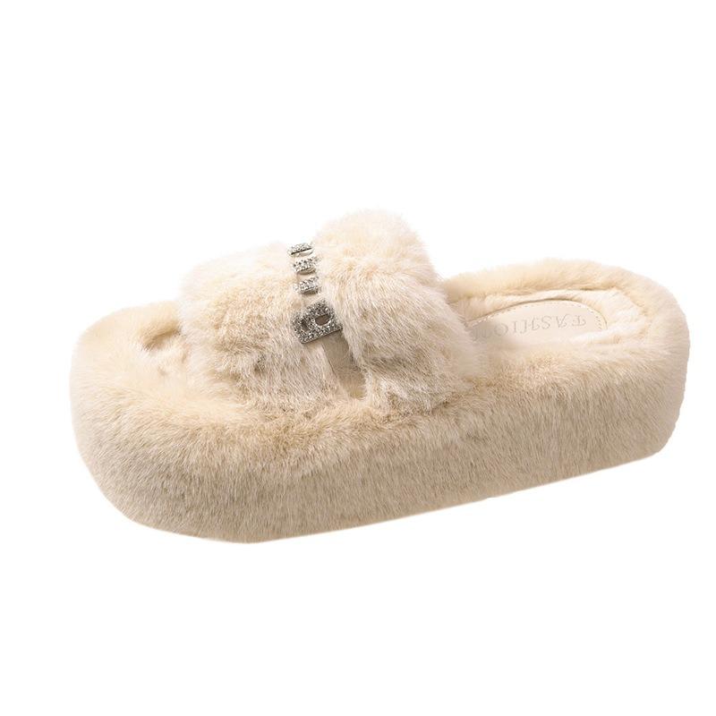 Premium sense versatile fluffy slippers women's autumn and winter new outer wear thick bottom heightening one-word cotton mop