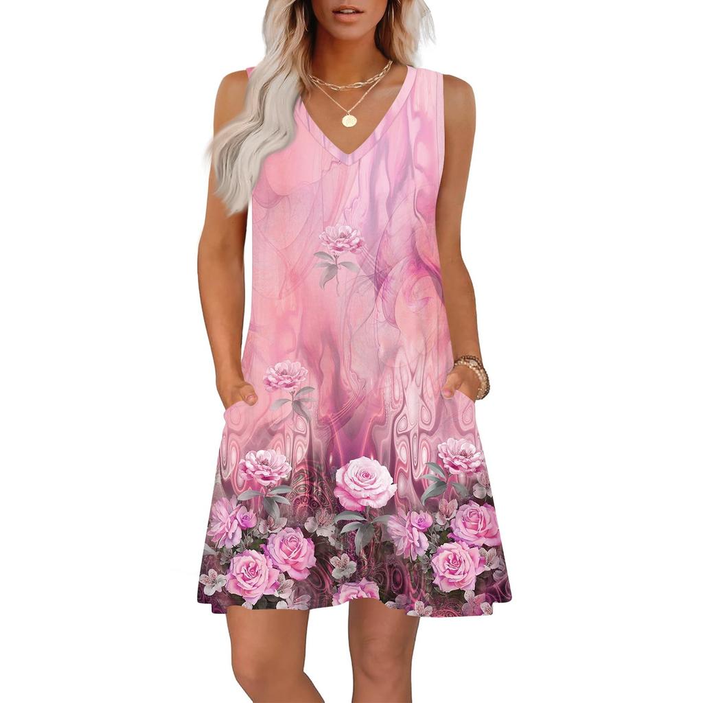 Women's Summer Dresses Loose Fit Printed V Neck Sleeveless Sundresses Beach Hawaiian Dress With Pockets