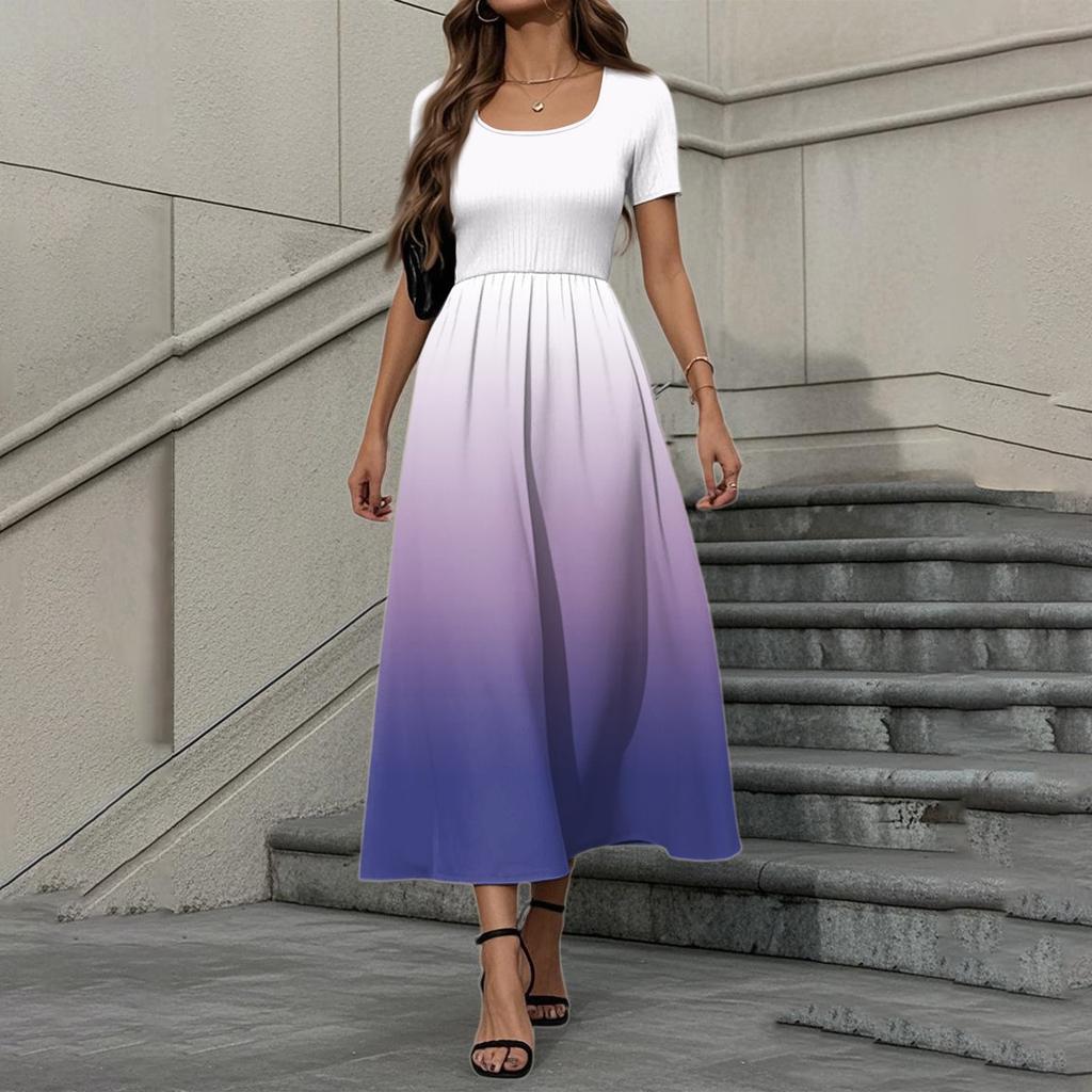 Women's Fashion Casual Short Sleeve Round Neck Splicing Gradient Elegant Temperament Dress