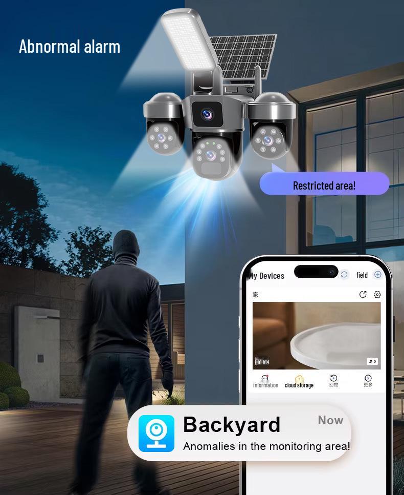 4G Solar LED Three-Lens Security Camera with Motion Alarm and WiFi