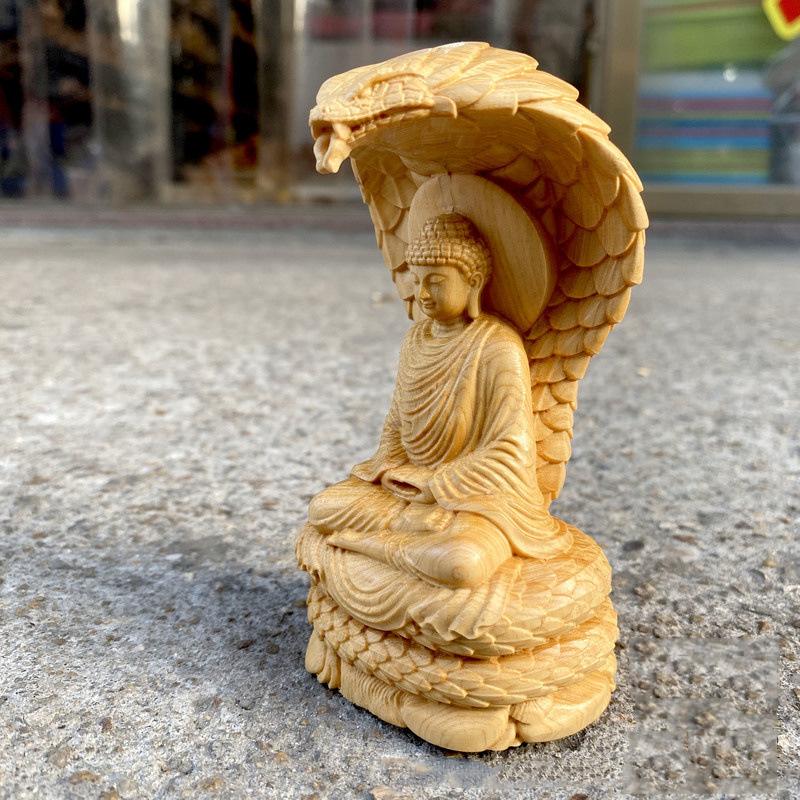 Snake Buddha Statue 4.72" Cliff Cypress Wood Carving Snake Protecting Buddha Figurine Living Room Ornaments Home Interior Decor