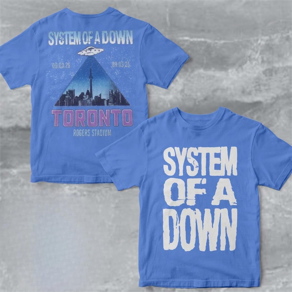

Rare System of A Down Toronto Canada 2025 Rogers Stadium Venue Tee on September 3 and 5 UFO Skyline City Two Sided Blue T-Shirt 4XL