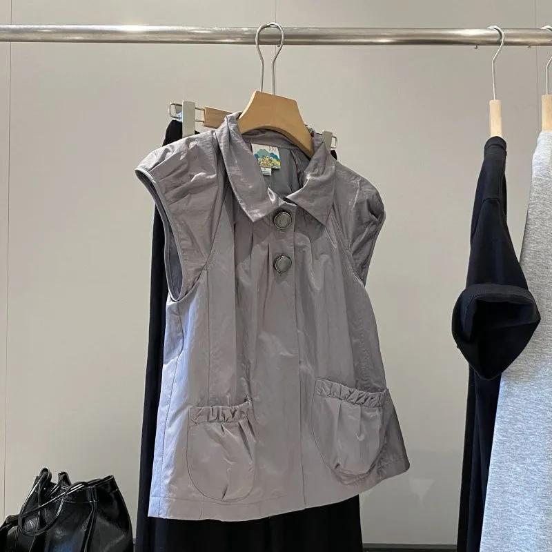 

Summer Women Gray Cap Sleeve Collared Button Up Pocket Waistcoat Vest S фіолетовий