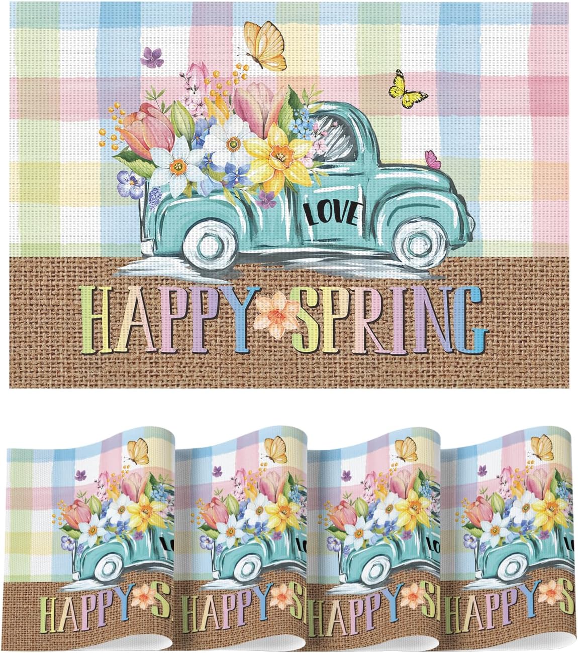 

Buffalo Plaid Car Butterfly Flower Spring Placemats Set of 4, 12x18 Inch Love Seasonal Table Mats for Party Kitchen Dining Decoration 4pcs-12x18