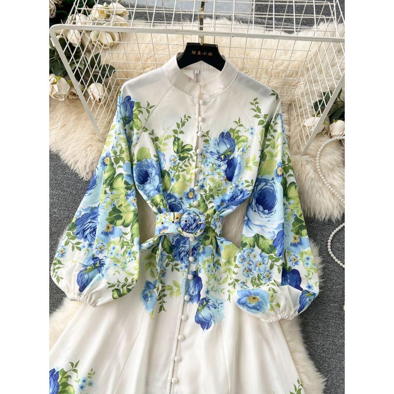 Flowers Spring Clothing Silm Long Puff Sleeve Dress