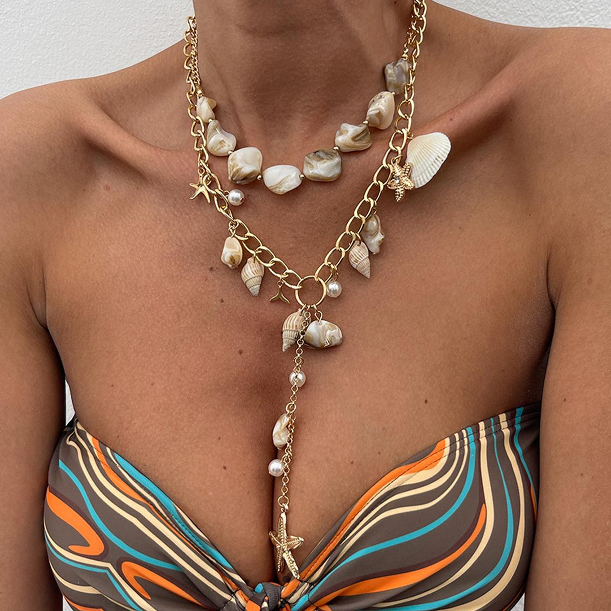 Beach Vacation Natural Shell Piece Conch Necklace, Imitation Pearl Metal Starfish Pendant Necklace