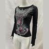 Y2K Autumn Gothic Spicy Girl Slim Fit Long Sleeved Printed Rhinestone T-shirt Retro Top