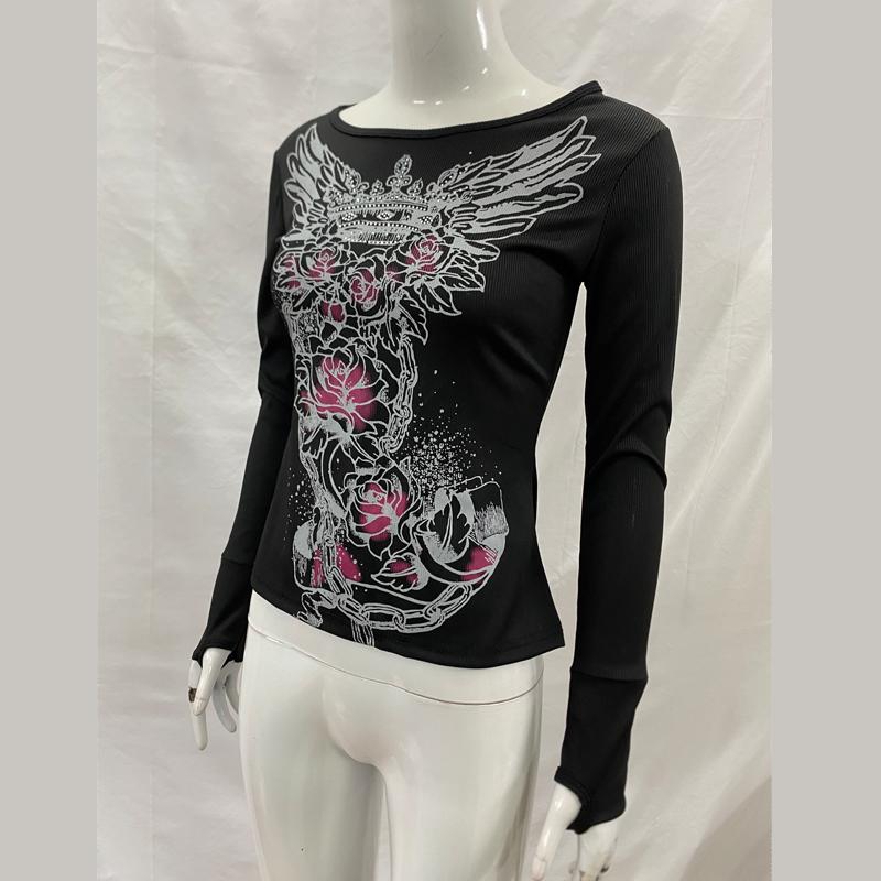 Y2K Autumn Gothic Spicy Girl Slim Fit Long Sleeved Printed Rhinestone T-shirt Retro Top