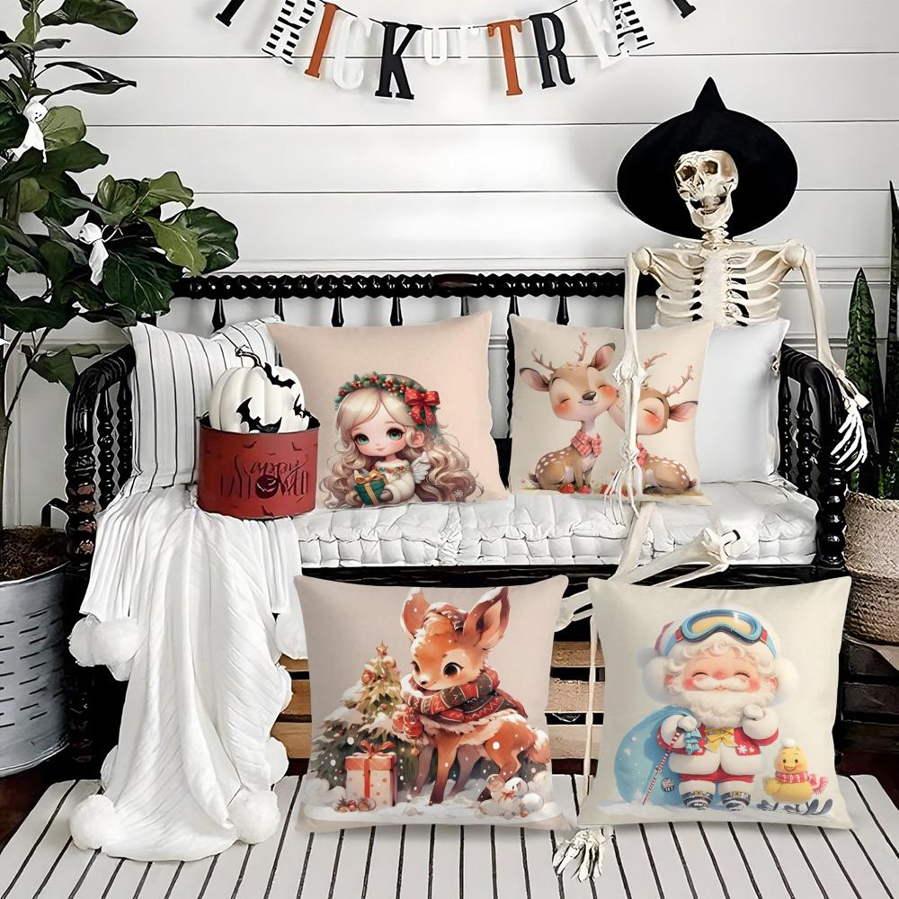 Christmas Cute Family Decorations Pillow Case Silky Short Plush With Invisible Zipper Dustproof Sofa Cushion Cover