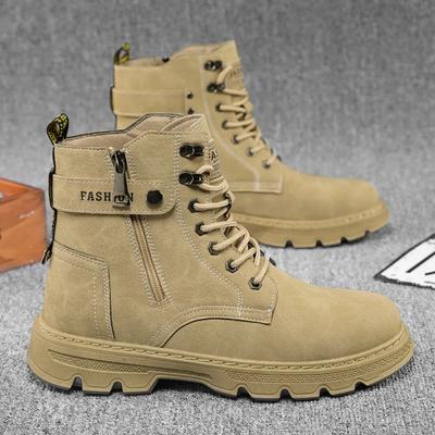 Men's Short Boots for Autumn\winter High Top Lace Up Workwear Shoes Outdoor Casual Mens Boots Side Zipper Mid Top Leather Shoes