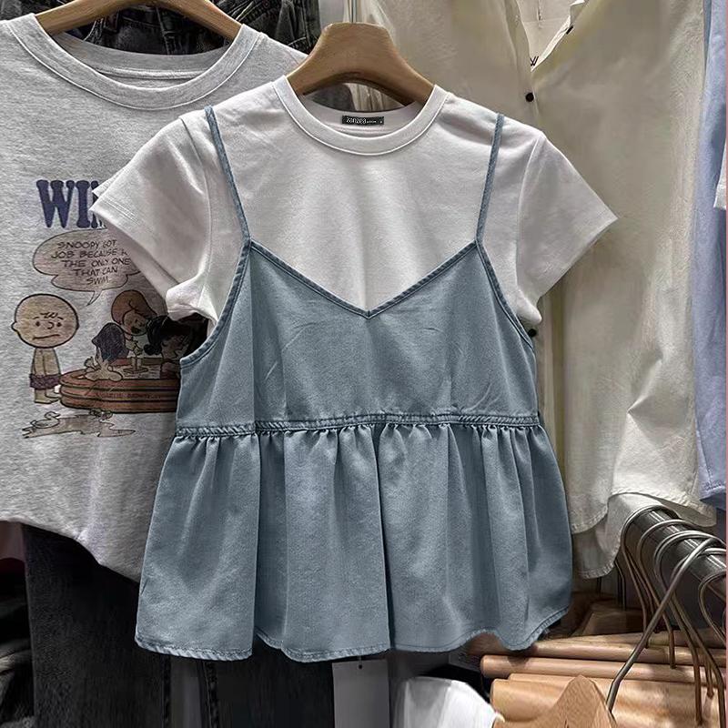 ZANZEA Womens Summer Casual Fake Two Piece Patchwork Short Sleeve T-Shirts