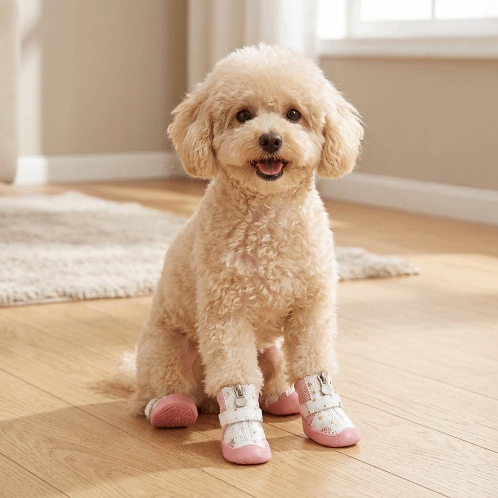 4Pcs Anti-Slip Sole Mesh Dog Shoes Golden Mesh Anti-Slip Dog Booties Outdoor Walking