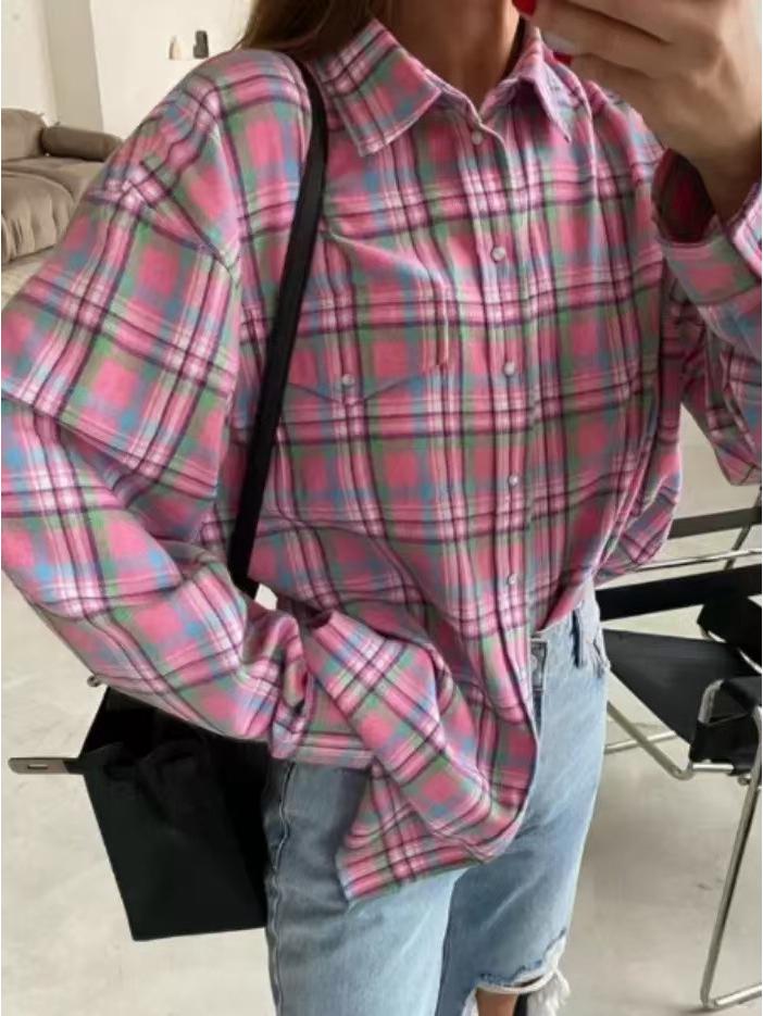

Женская клетчатая рубашка с отложным воротником и длинным рукавом в стиле кэжуал - Универсальный и свободный нишевый дизайн Large розовый