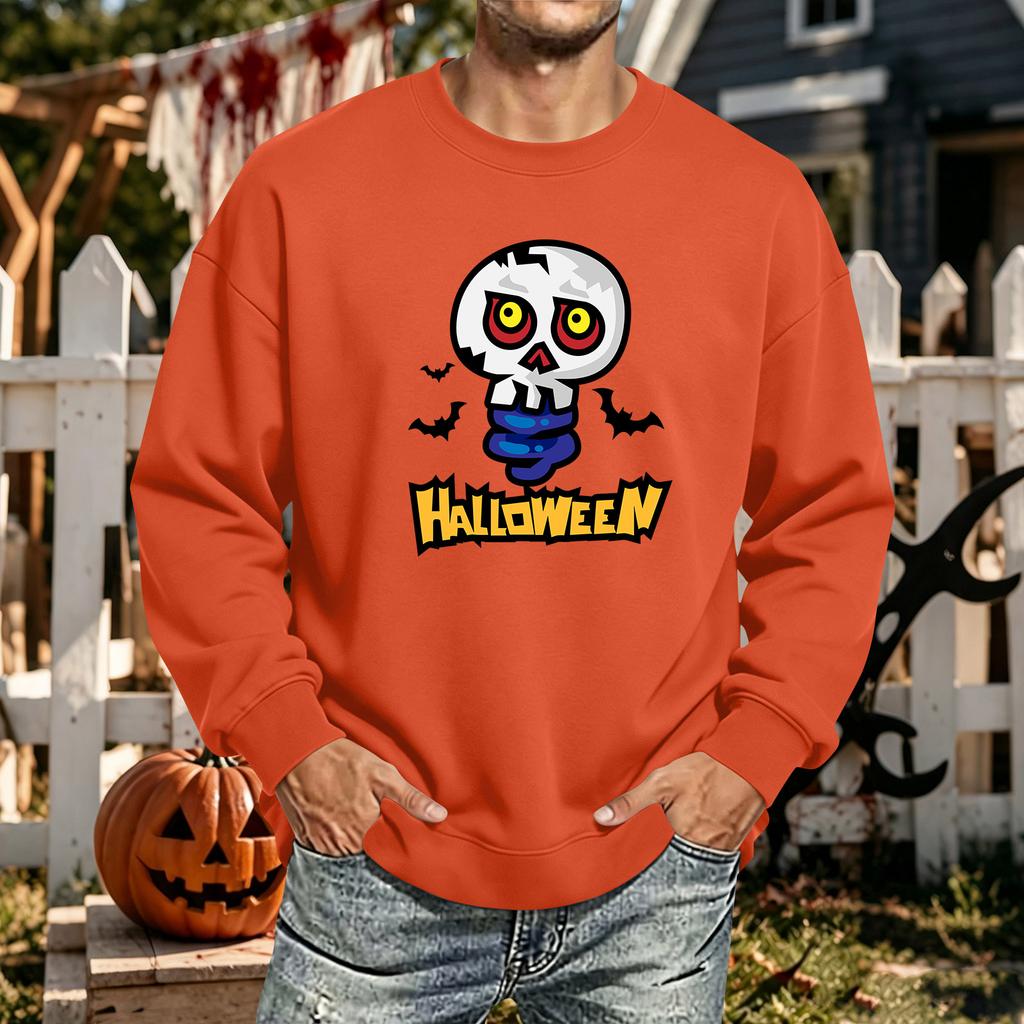 Men's Halloween Printed Long Sleeve T-Shirt Crewneck Casual Sports Top Unisex for Couples