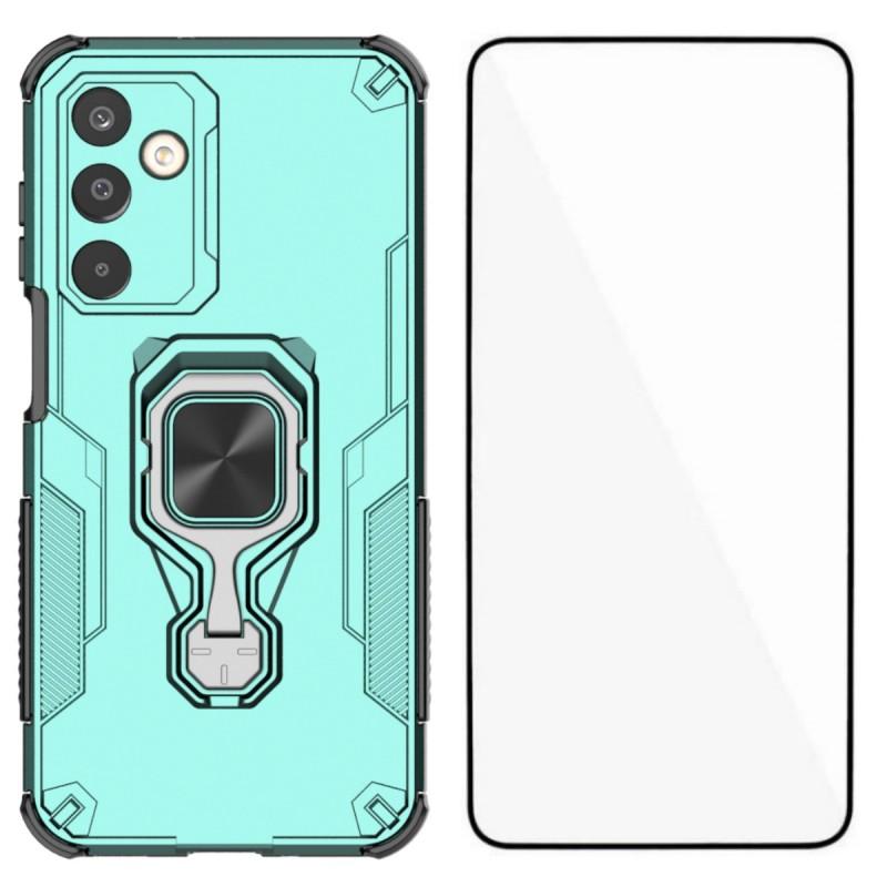 

For Samsung Galaxy M16 5G Phone Case WANLONFENG PC TPU Back Cover Kickstand with Tempered Glass Green