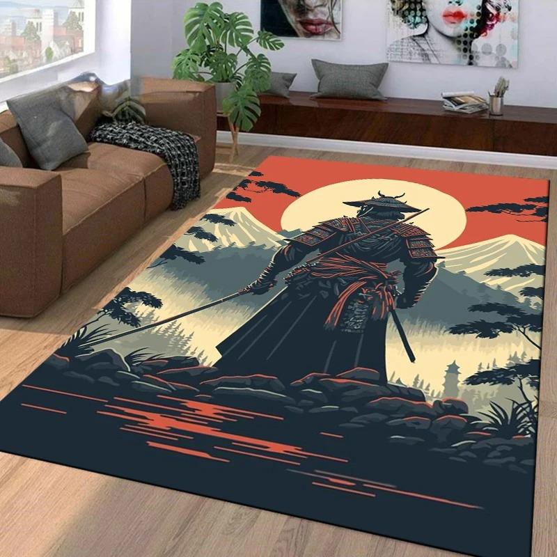 Japanese Samurai Carpet Mat Rug Red Sun Bamboo Ink Painting Oriental Home Decoration Traditional Warrior Floor Mat Bedroom Decor
