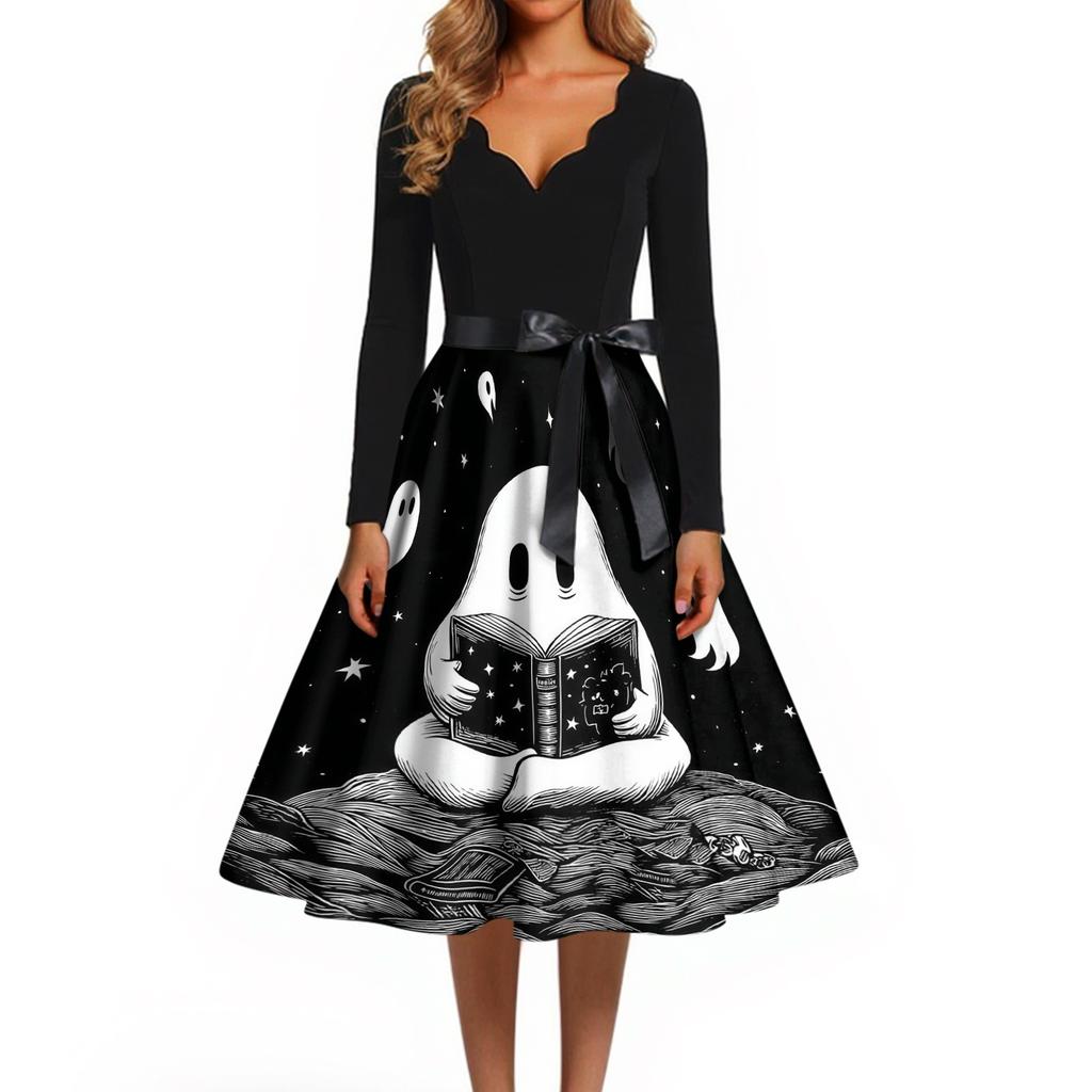 Women's Casual Halloween Dress V Neck Long Sleeve Retro Style Vintage Ghost Print Midi Dress with Waist Tie for Daily Wear