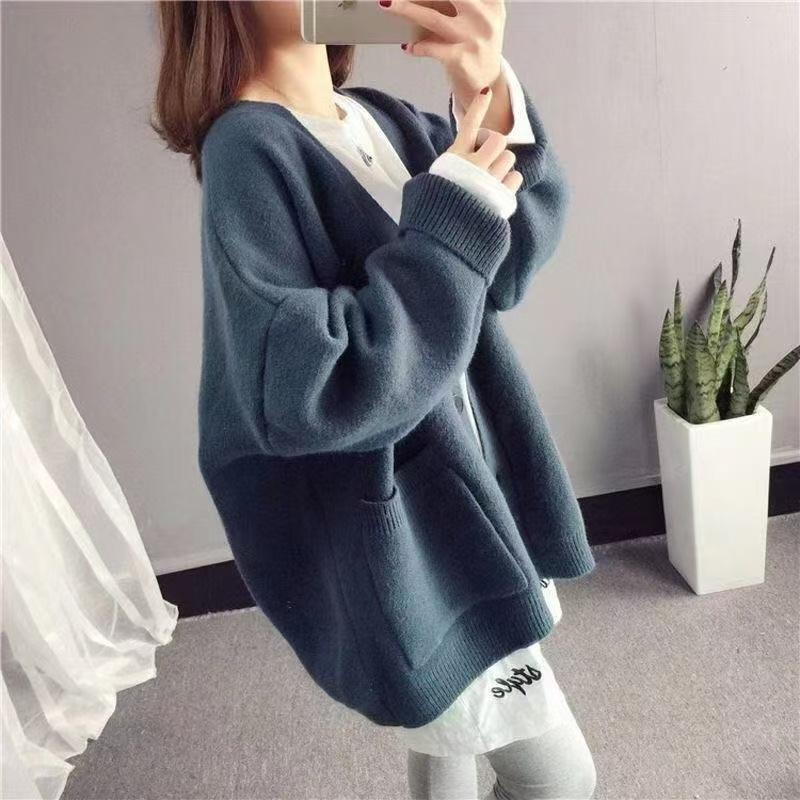 College Lazy Loose Candy Color V-Neck Knitted Cardigan Spring and Autumn Pocket Sweater Jacket Women