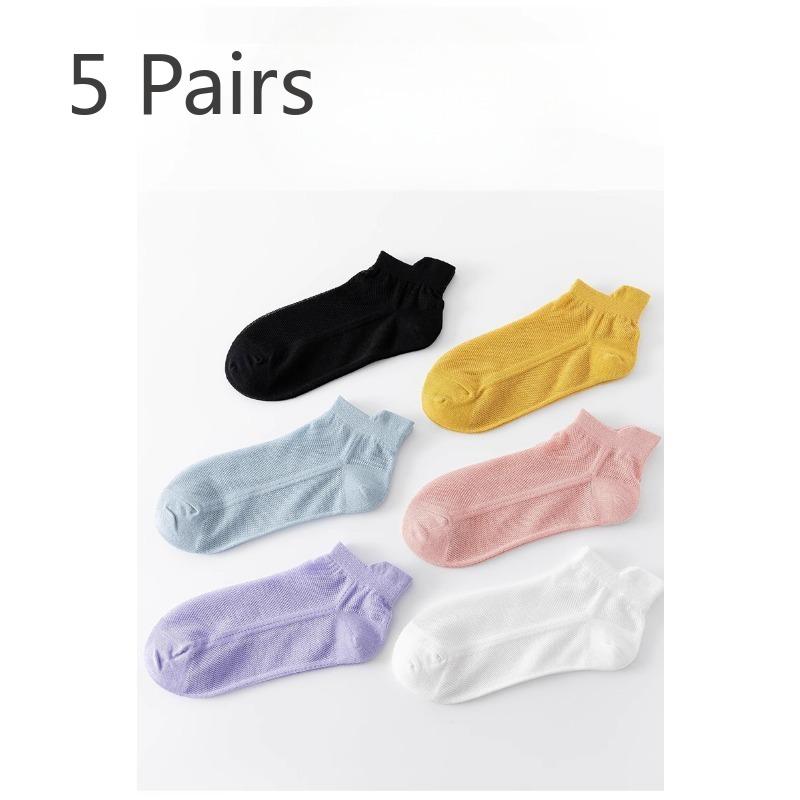 5 Pairs of Spring and Summer Thin Socks Women's Short Socks Solid Colour Anti-odor Sweat Breathable Colour Ear Mesh Shallow Boat Socks