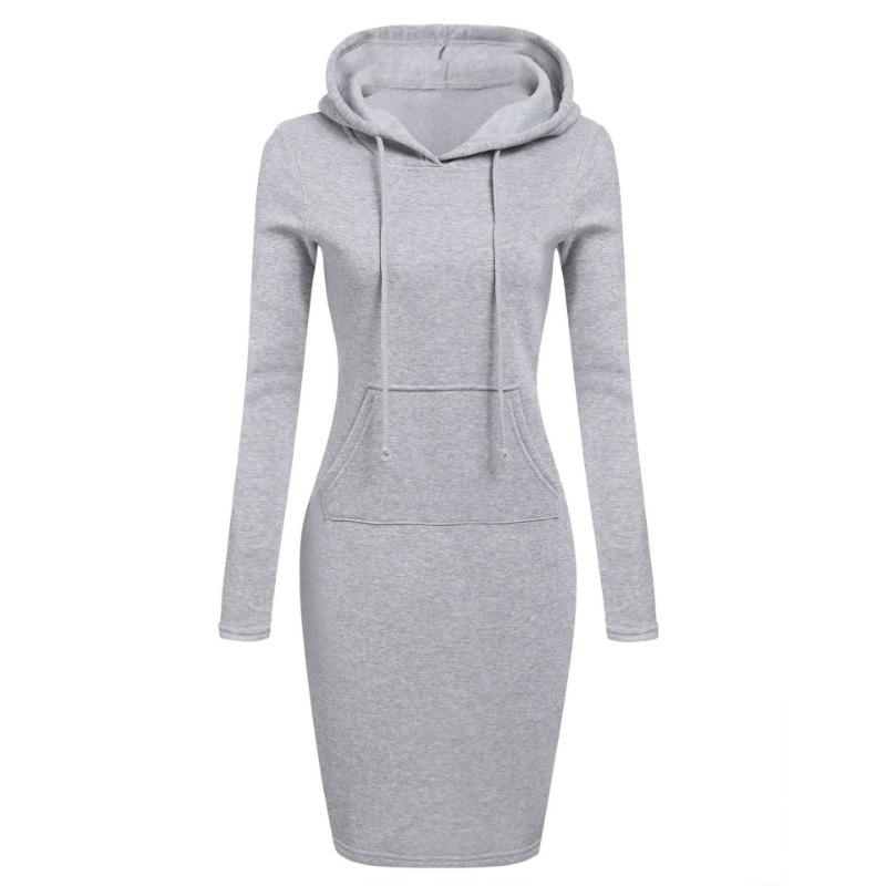Autumn and winter new solid color hooded long-sleeved ladies dress, fashion sports street classic all-match mid-length skirt female vitality 887