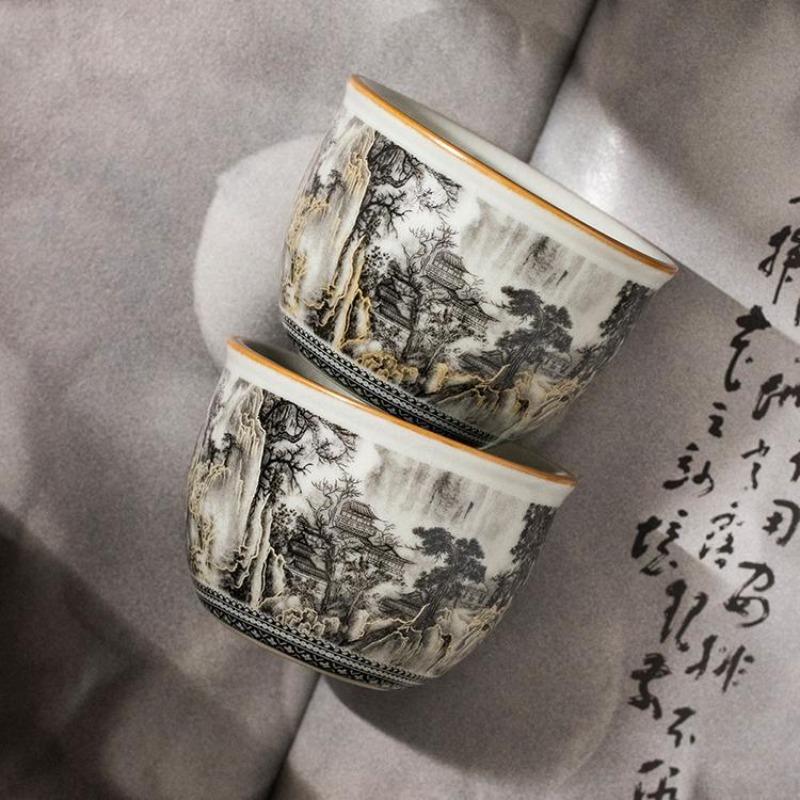 65ML Ru Kiln Ink Landscape Round Tripod Teacup, Personal High end Master's Cup, Single Cup, Opening, Nourishing Ceramic Tea Cup