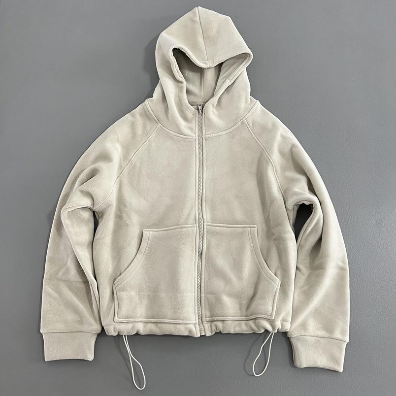 

Уютная бархатная толстовка с капюшоном на молнии - цвет молочного чая, плотный флисовый кардиган для осени/зимы Medium