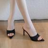 Huizhou 2025 European and American New Fashionable Full Diamond Pointed Heel One-word Drag Black Sexy Open-toed High-heeled Slippers