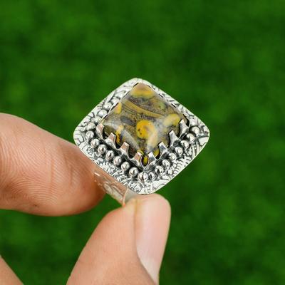 Cushion Rhyolite Gemstone Bezel Anniversary Wife Ring Size 8.25 Sterling Silver