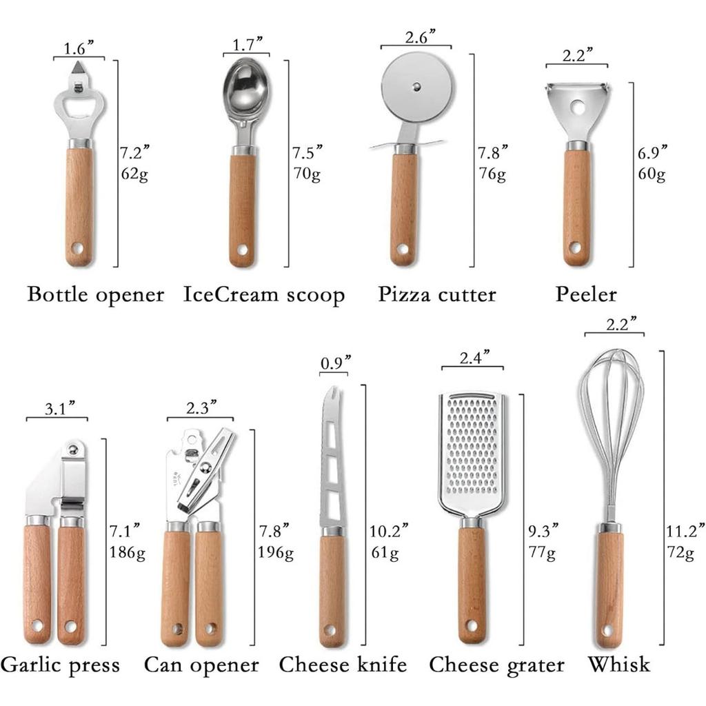 9 Pieces Kitchen Gadget Set with Wooden Handle, Stainless Steel Kitchen Tools Bottle/Can Opener Pizza Cutter