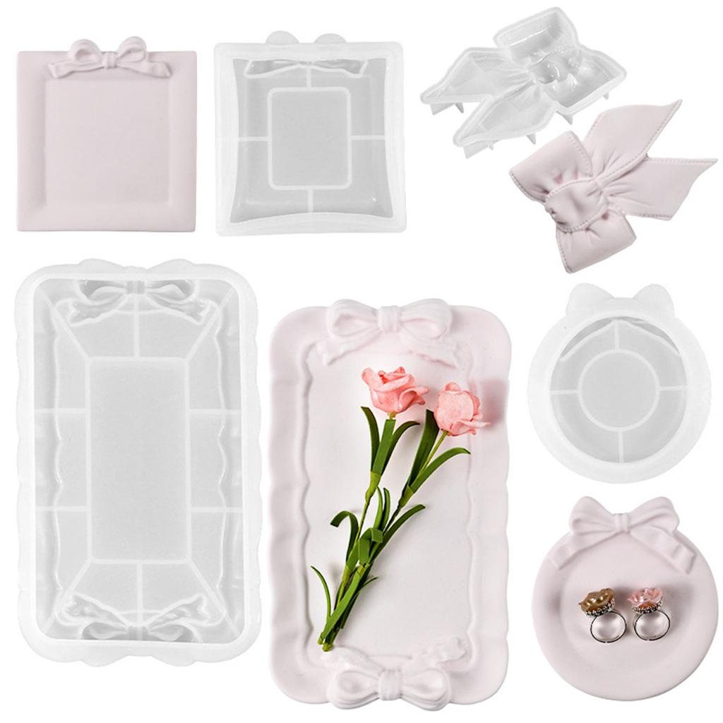 Bowknot Storage Tray Clay Silicone Mold Jewelry Display Epoxy Resin Molds Round Candle Cup Coaster Gypsum Plaster Molds
