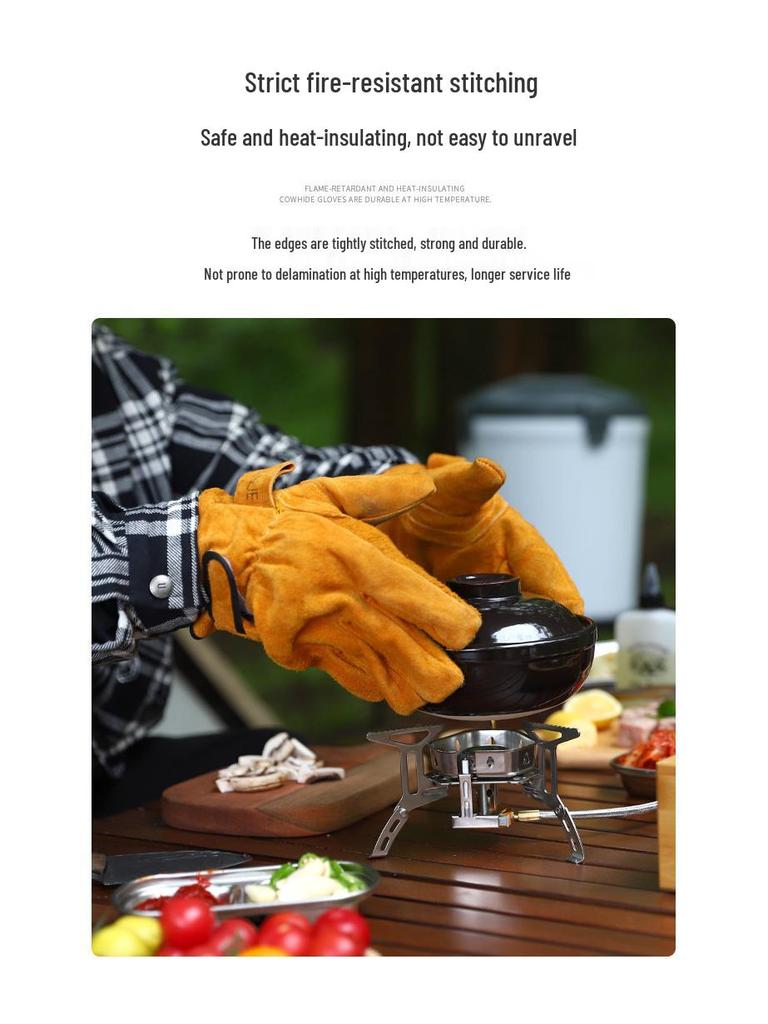 Heat-Resistant Leather Welding & BBQ Gloves: Thick Cowhide, Flame Retardant, Wear-Resistant, Protective Sleeve for Outdoor and Camping.