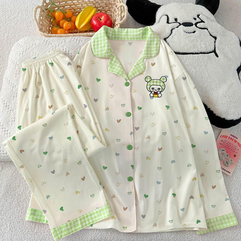 Cute Embroidered Cartoon Pajama Set Women Fall Full Print Heart Long Sleeve Loungewear