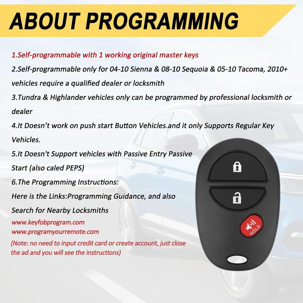 Key Fob Replacement for 2008-2013 Toyota Highlander/ 08-18 Sequoia/ 04-17 Sienna/ 05-16 Tacoma/ 07-18 Tundra Car Keyless Entry Remote