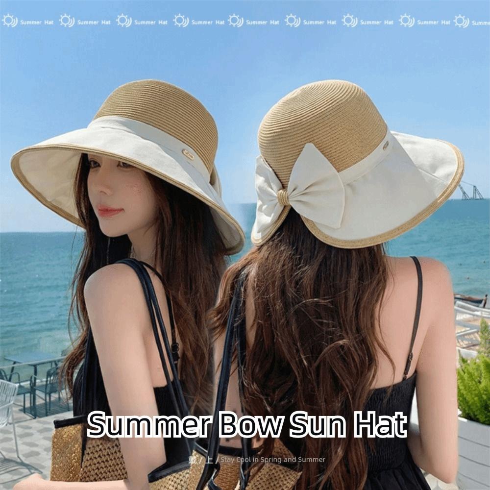 Wide Brim Bow Fisherman Hat Weave Straw Hat Fashion Sun Cap  Climbing
