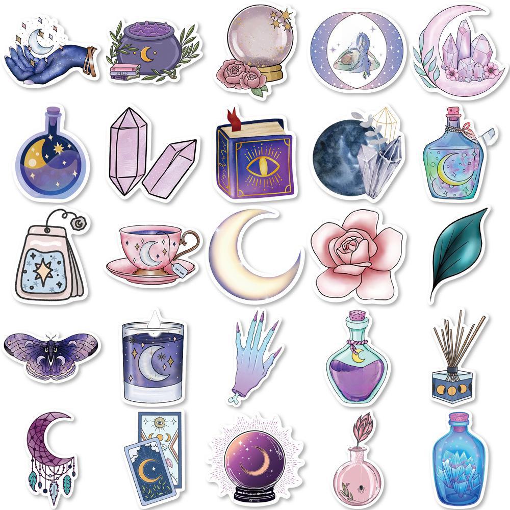 52 Fioletowe naklejki z graffiti Magic Moon: Wodoodporne naklejki DIY do dekoracji bagażu