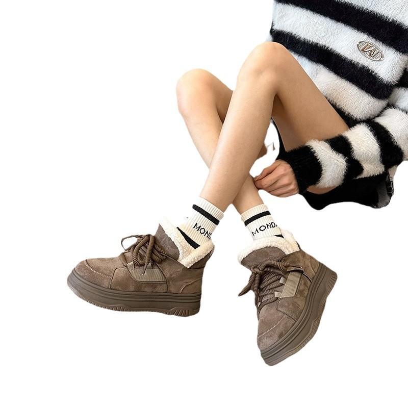 Thick fleece thick-soled snow boots women's shoes sports wind 2025 new autumn and winter warm cotton shoes fleece board shoes flat bottom