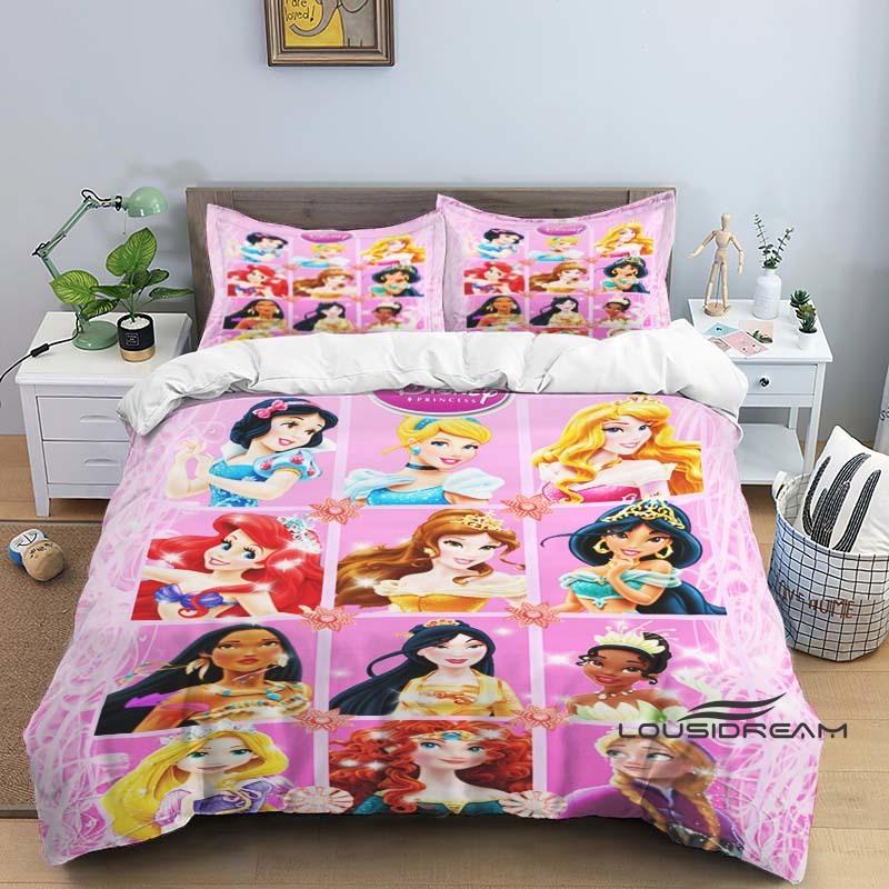 1pcDisney Princess 3D Printed Duvet Cover and Pillowcase Bedding Set, Suitable for Single, Double, King, and Queen Beds.