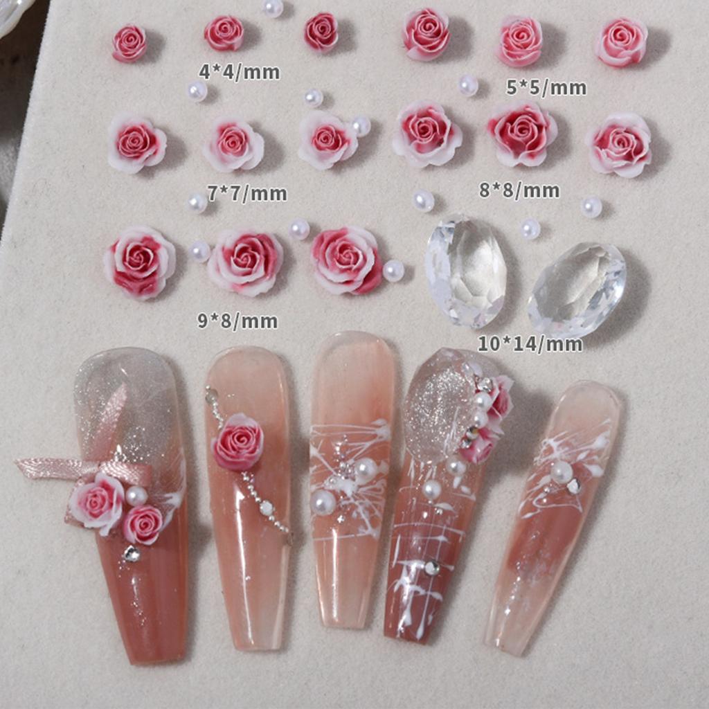 Rose Flowers Nail Charms 3D Flowers Nail Art Charms Round Pearls Nail Charms DIY Nail Art Supplies Manicure Accessories